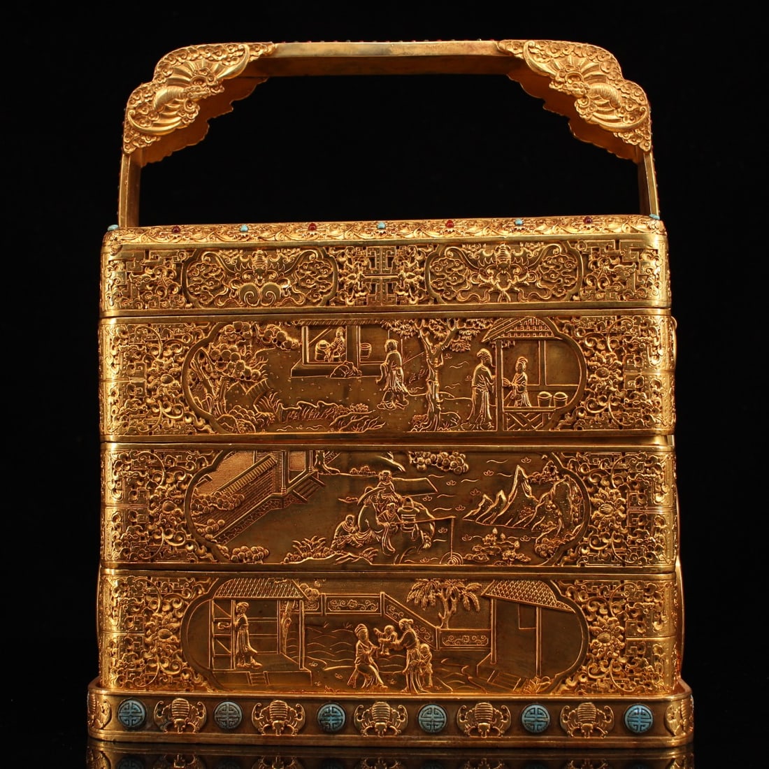 A Exquisite Gilt Bronze Inlaid Gems Box: A Exquisite Gilt Bronze Inlaid Gems Box,Qing Dynasty, China,Qianlong Four-character Mark,Size:14.2inx11.8in ,Weight:13500g
