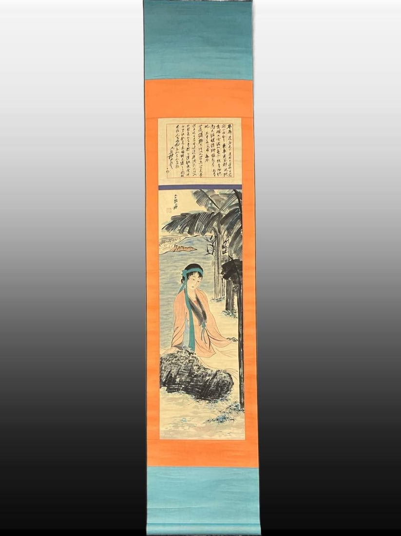 A Chinese Vertical Scroll Ink Painting of Figures on Paper: A Chinese Vertical Scroll Ink Painting of Figures on Paper,Modern Time of China,Zhang Daqian,without frame size:13.8inx35.4in