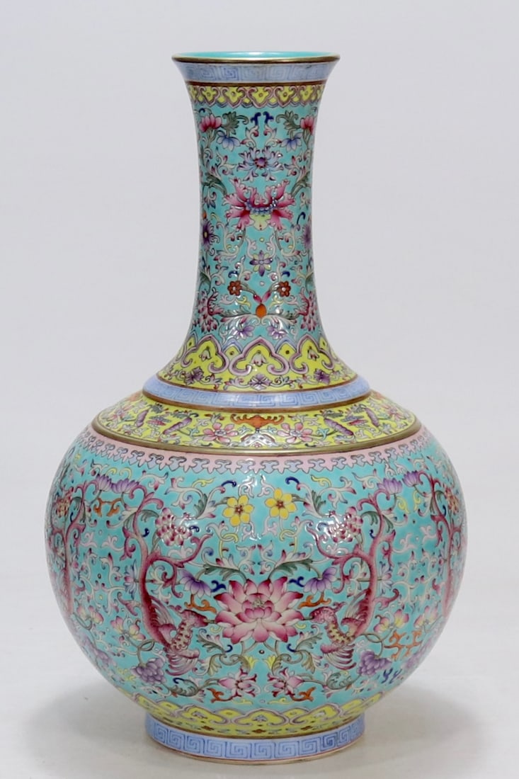 A Exquisite Turquoise Glazed Ground Lotus Pattern Vase: A Exquisite Turquoise Glazed Ground Lotus Pattern Vase,Qing Dynasty, China,Qianlong Four-character Mark,Size:15.9inx3.7in