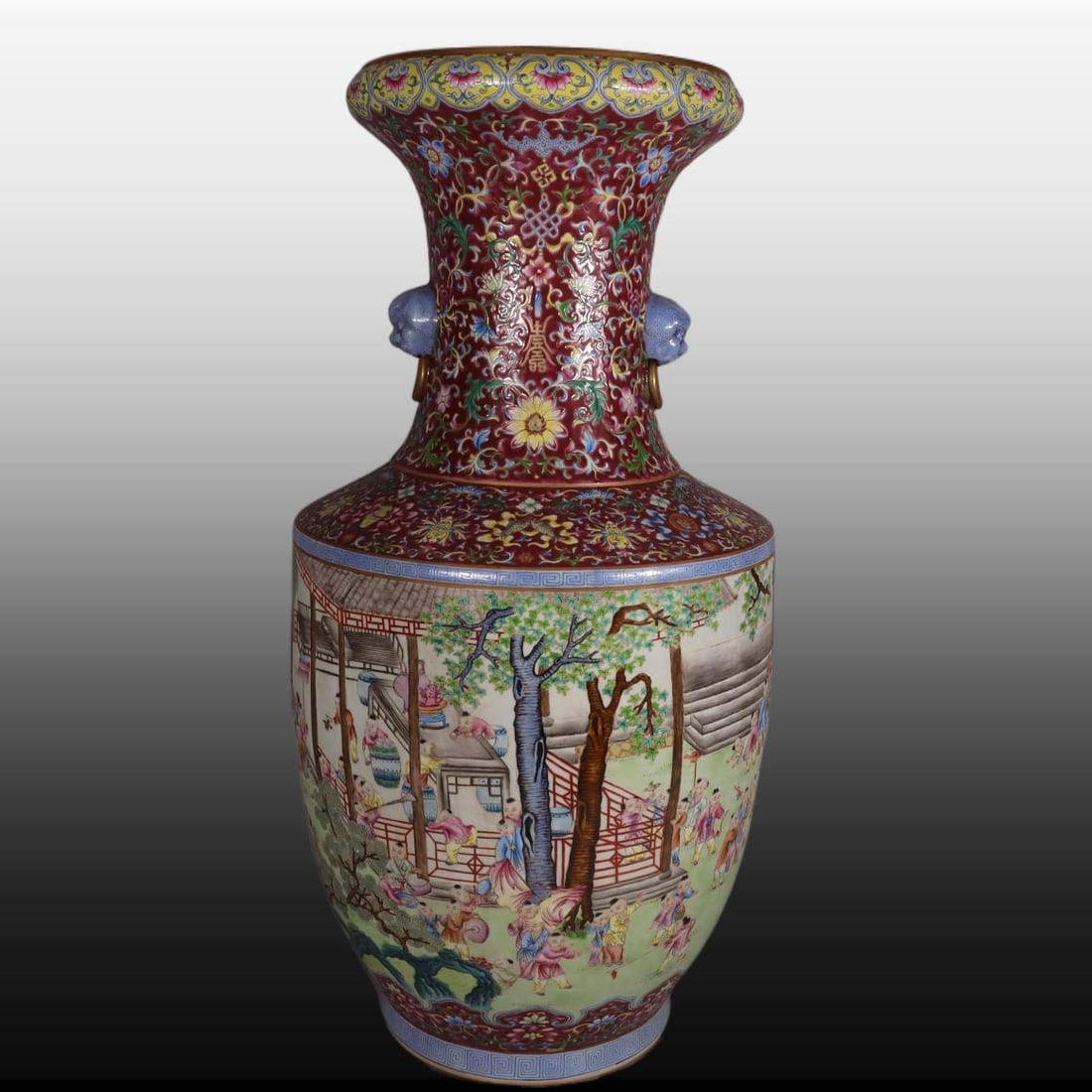 A Exquisite Famille-Rose Ruby Red-Glazed Figures Pattern Beast Ears Vase: A Exquisite Famille-Rose Ruby Red-Glazed Figures Pattern Beast Ears Vase,Qing Dynasty, China,Qianlong Six-character Mark,Size:31.9inx11.8inx15.7inx10.2in 粉彩胭脂红ߟ