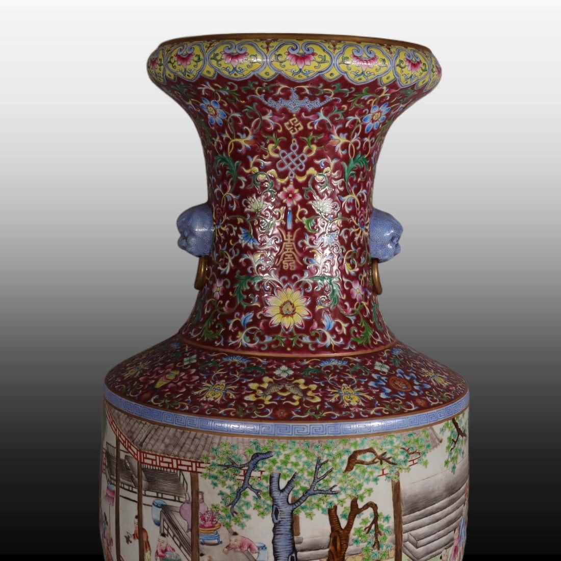 A Exquisite Famille-Rose Ruby Red-Glazed Figures Pattern Beast Ears Vase - 2