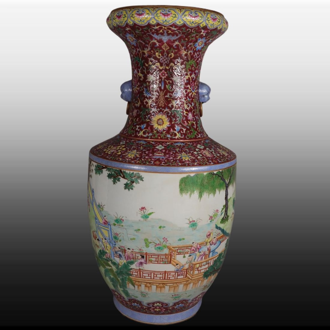 A Exquisite Famille-Rose Ruby Red-Glazed Figures Pattern Beast Ears Vase - 5