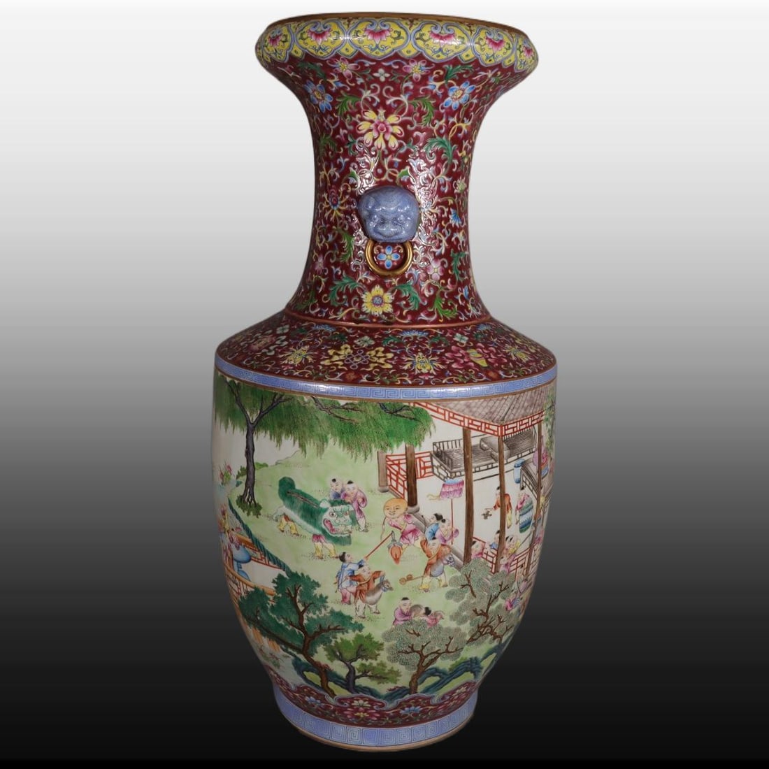 A Exquisite Famille-Rose Ruby Red-Glazed Figures Pattern Beast Ears Vase - 6