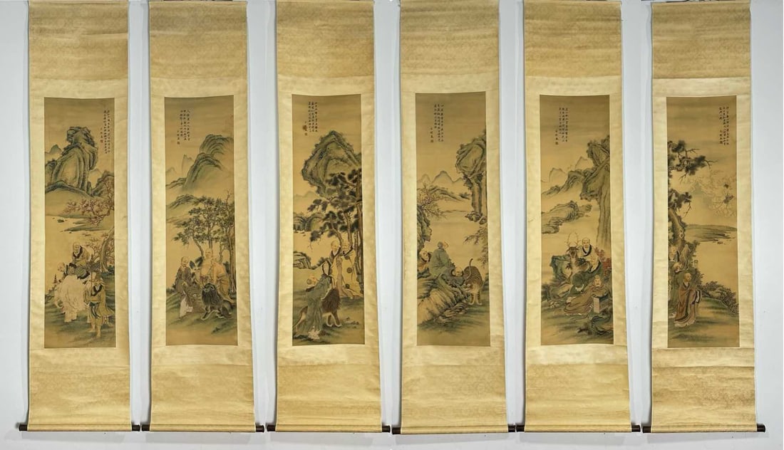 A Set of Chinese Vertical Scroll Ink Paintings of Arhat on Silk: A Set of Chinese Vertical Scroll Ink Paintings of Arhat on Silk,Qing Time of China,Jin Liying,withoutframesize:52.8inx15in