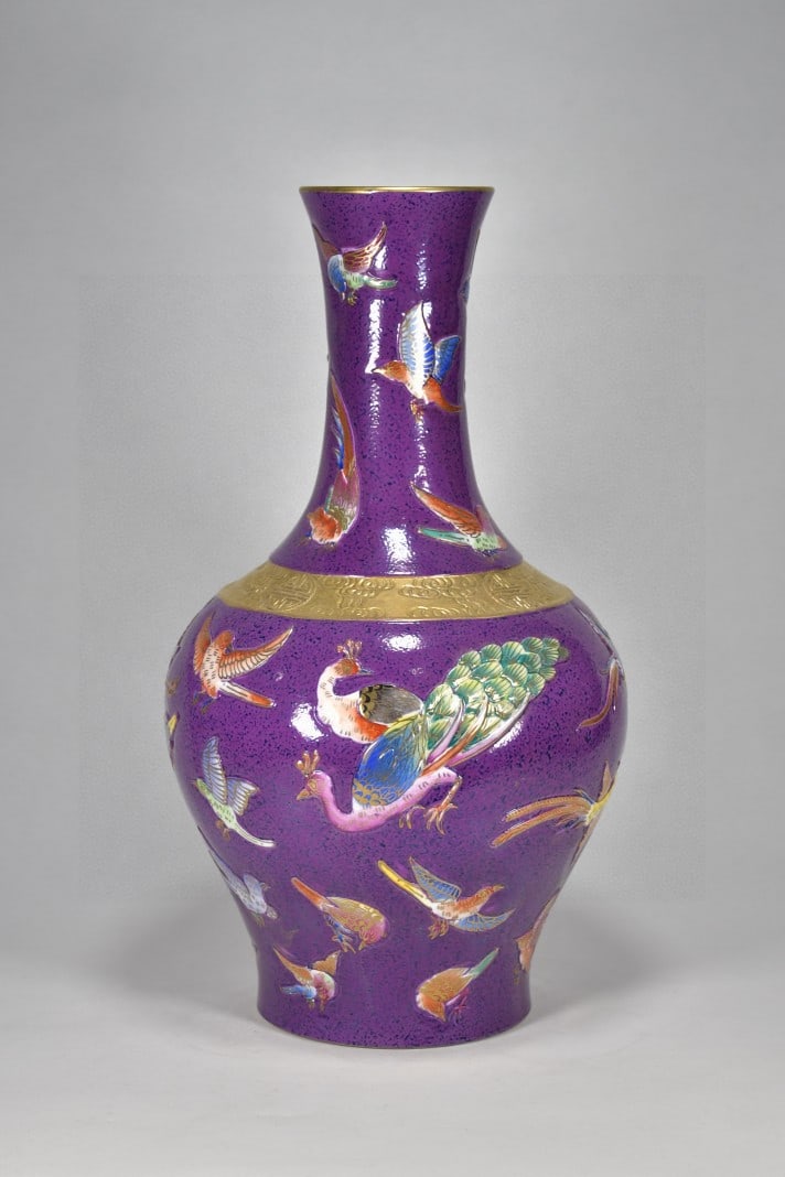 A Exquisite Aubergine Glazed Gilt Flower and Bird Pattern Vase: A Exquisite Aubergine Glazed Gilt Flower and Bird Pattern Vase,Qing Dynasty, China,Qianlong Six-character Mark,Size:15.7inx9.1in