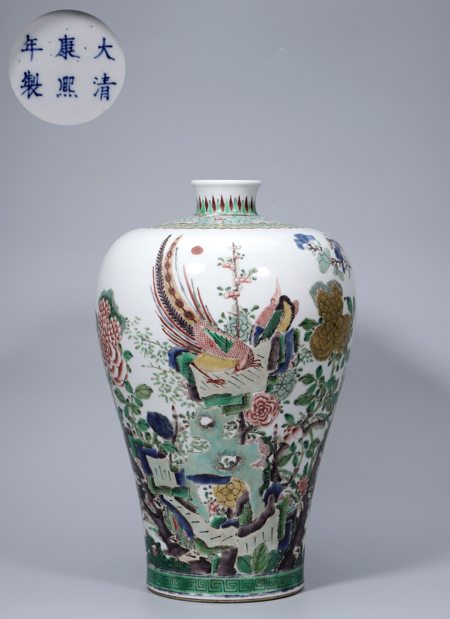 A Exquisite Wucai Flower and Bird Pattern Vase: A Exquisite Wucai Flower and Bird Pattern Vase,Qing Dynasty, China,Kangxi Six-character Mark,Size:15.4inx9.4inx2.6inx6in,Weight:4310g