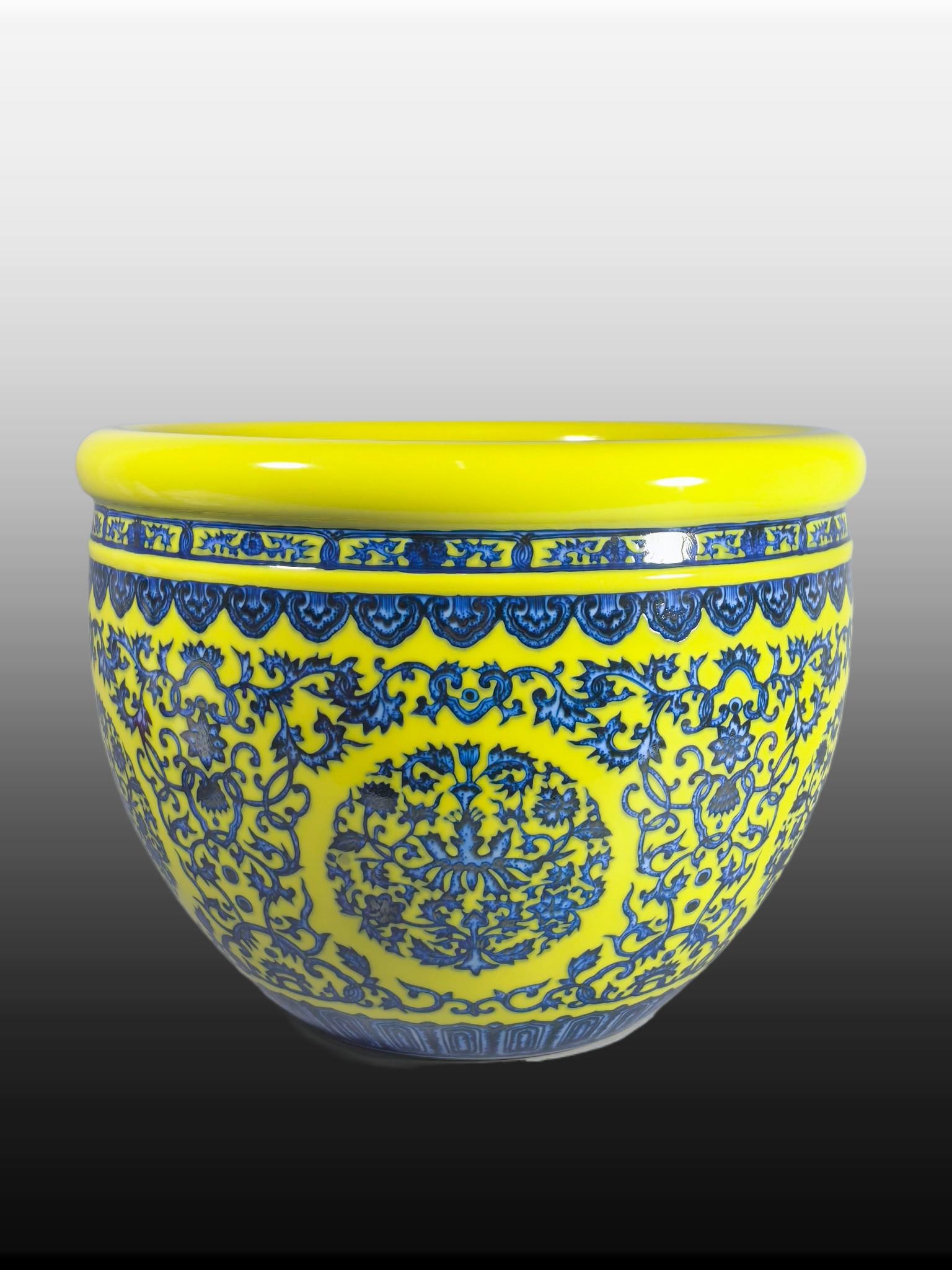 A Exquisite Yellow Ground Blue and White Lotus Pattern Vat: A Exquisite Yellow Ground Blue and White Lotus Pattern Vat,Qing Dynasty, China,Qianlong Six-character Mark,Size:9.1inx12inx6.1in