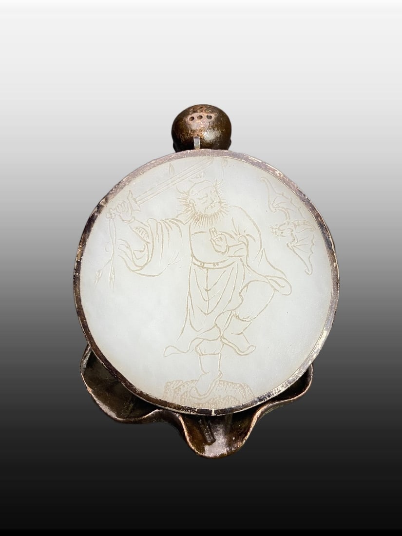 A Exquisite Hotan Jade Silver Inlaid Figures Pattern Pendant: A Exquisite Hotan Jade Silver Inlaid Figures Pattern Pendant,Ming Dynasty, China,Size:2.1inx0.2in,Weight:43g
