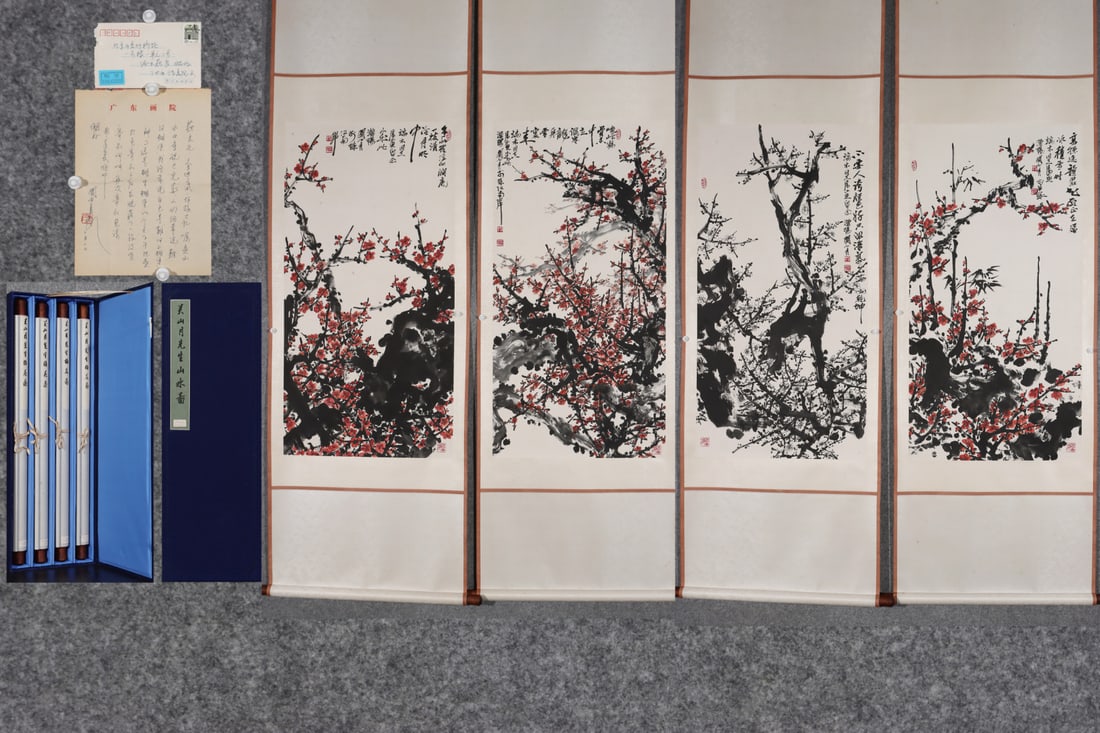 A Set of Chinese Vertical Scroll Ink Painting of Flower on Paper: A Set of Chinese Vertical Scroll Ink Painting of Flower on Paper,Modern Time of China,Guan Shanyue,without frame size:42.5inx21.7in
