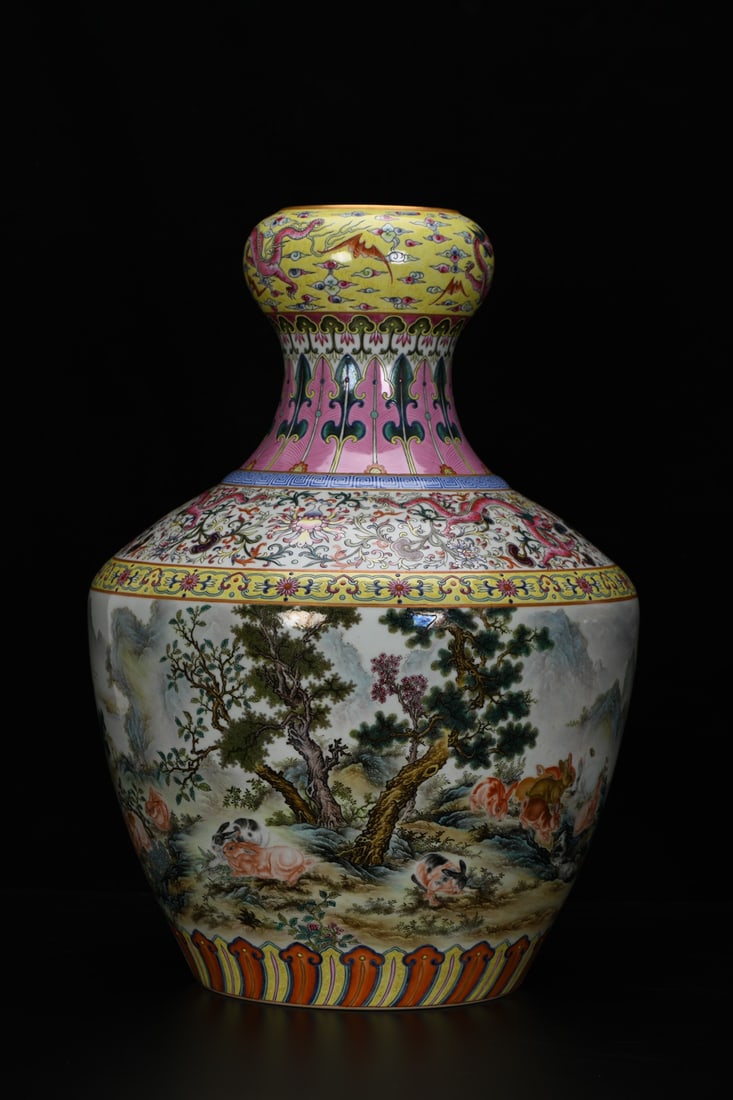 A Exquisite Enamel Rabbit Pattern Vase: A Exquisite Enamel Rabbit Pattern Vase,Qing Dynasty, China,Qianlong Six-character Mark,Size:19.5inx4.3inx13.6inx8.1in 珐琅彩兔纹瓶,中国清代,