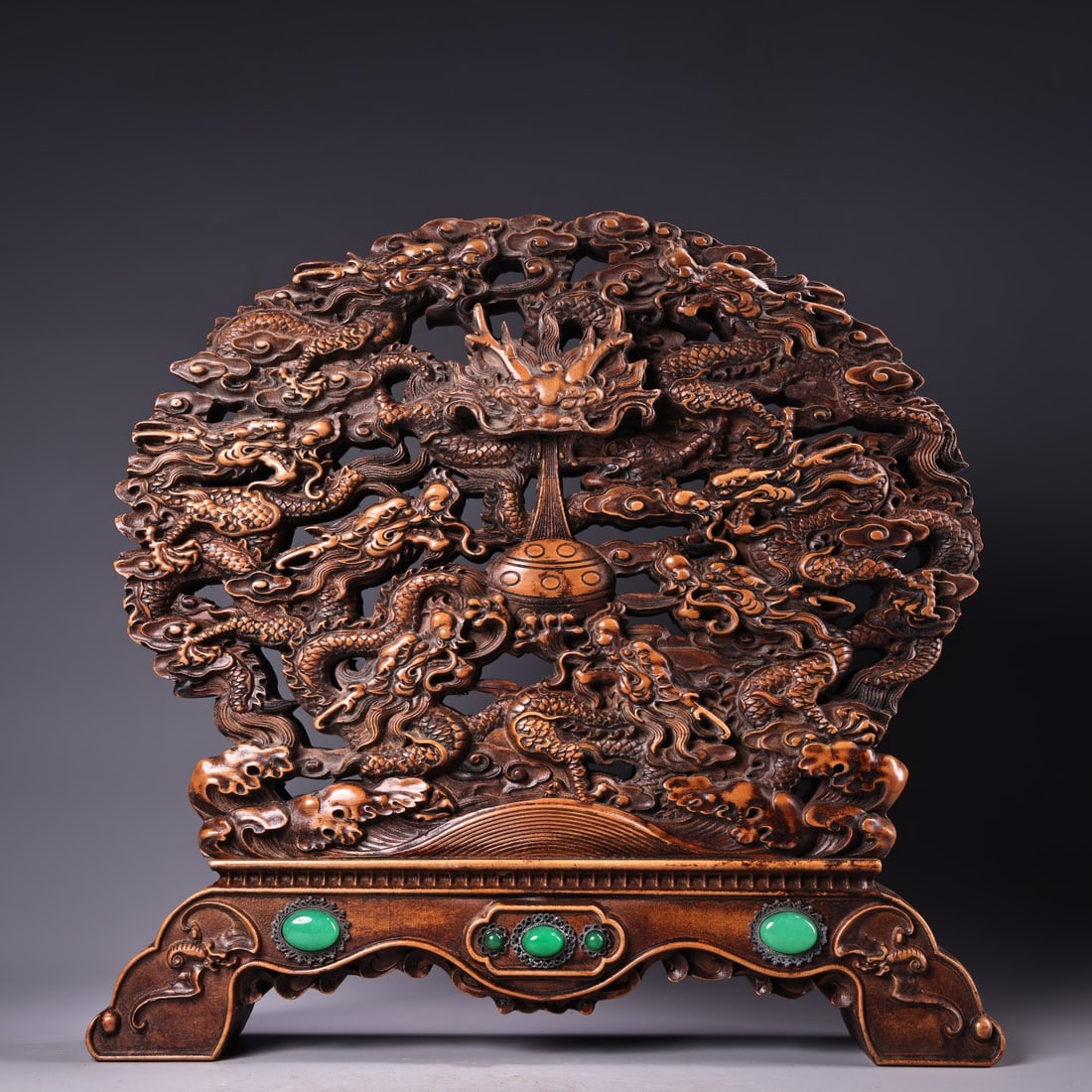 A Exquisite Coppery Inlaid Gems Dragon Pattern Screen: A Exquisite Coppery Inlaid Gems Dragon Pattern Screen,Qing Dynasty, China,Size:15.2inx15.4in ,Weight:3000g