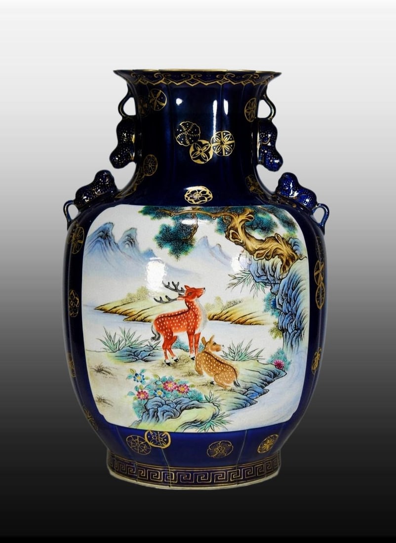 A Exquisite Ji Blue Glazed Painted Gold Pine and Deer Pattern Beast-Ears Vase: A Exquisite Ji Blue Glazed Painted Gold Pine and Deer Pattern Beast-Ears Vase,Qing Dynasty, China,Qianlong Four-character Mark,Size:15.7inx10.2in