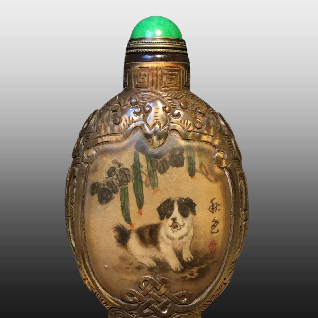 A Exquisite Colored glaze Dog Pattern Snuff Bottle: A Exquisite Colored glaze Dog Pattern Snuff Bottle,Qing Dynasty, China,Size:2.4inx1in ,Weight:120g 琉璃狗纹鼻烟壶,中国清代