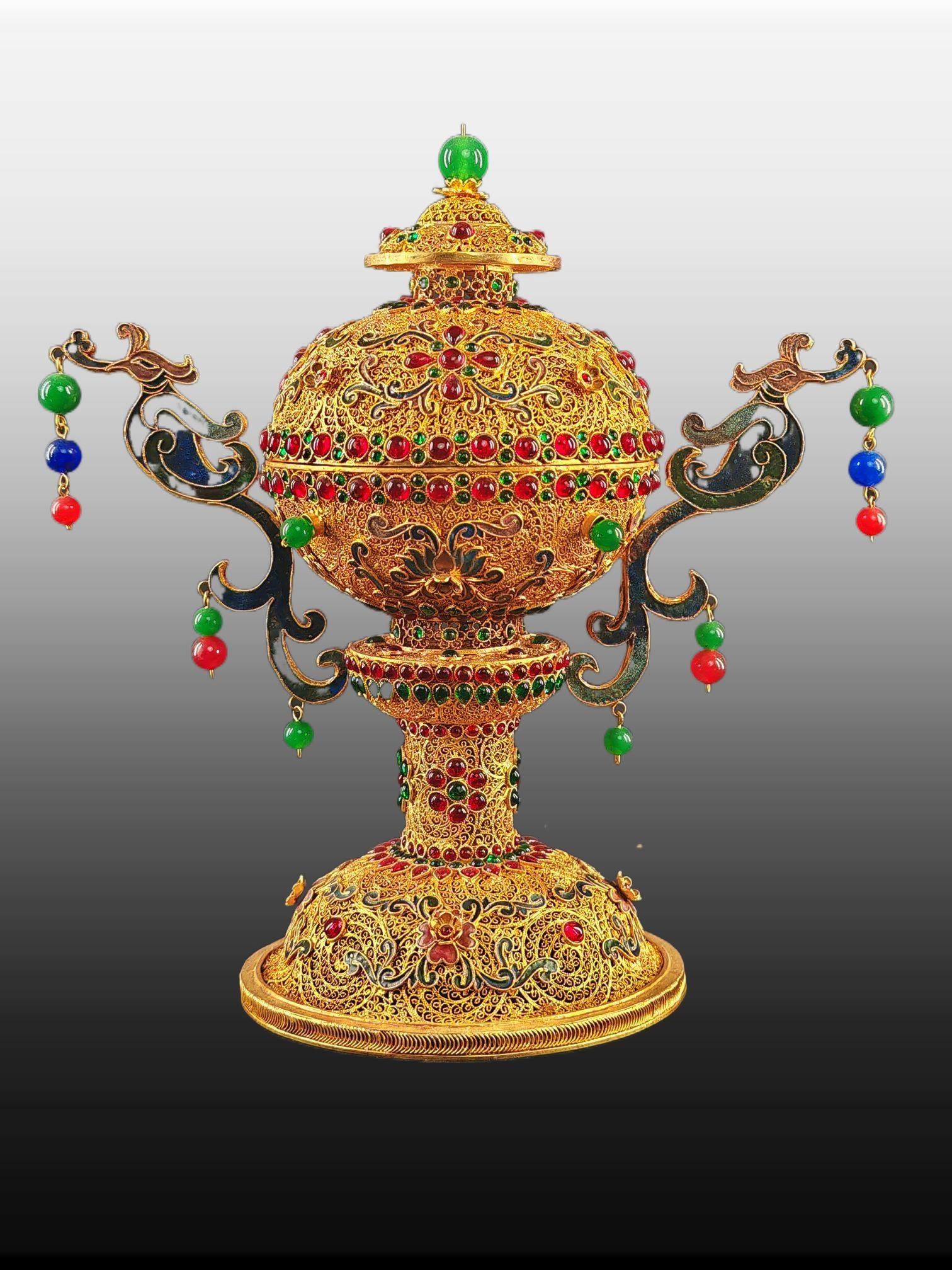 A Exquisite Filigree Gilt Inlaid Gems Double-Phoenix Censer: A Exquisite Filigree Gilt Inlaid Gems Double-Phoenix Censer,Qing Dynasty, China,Qianlong Four-character Mark,Size:8.3inx9.4in