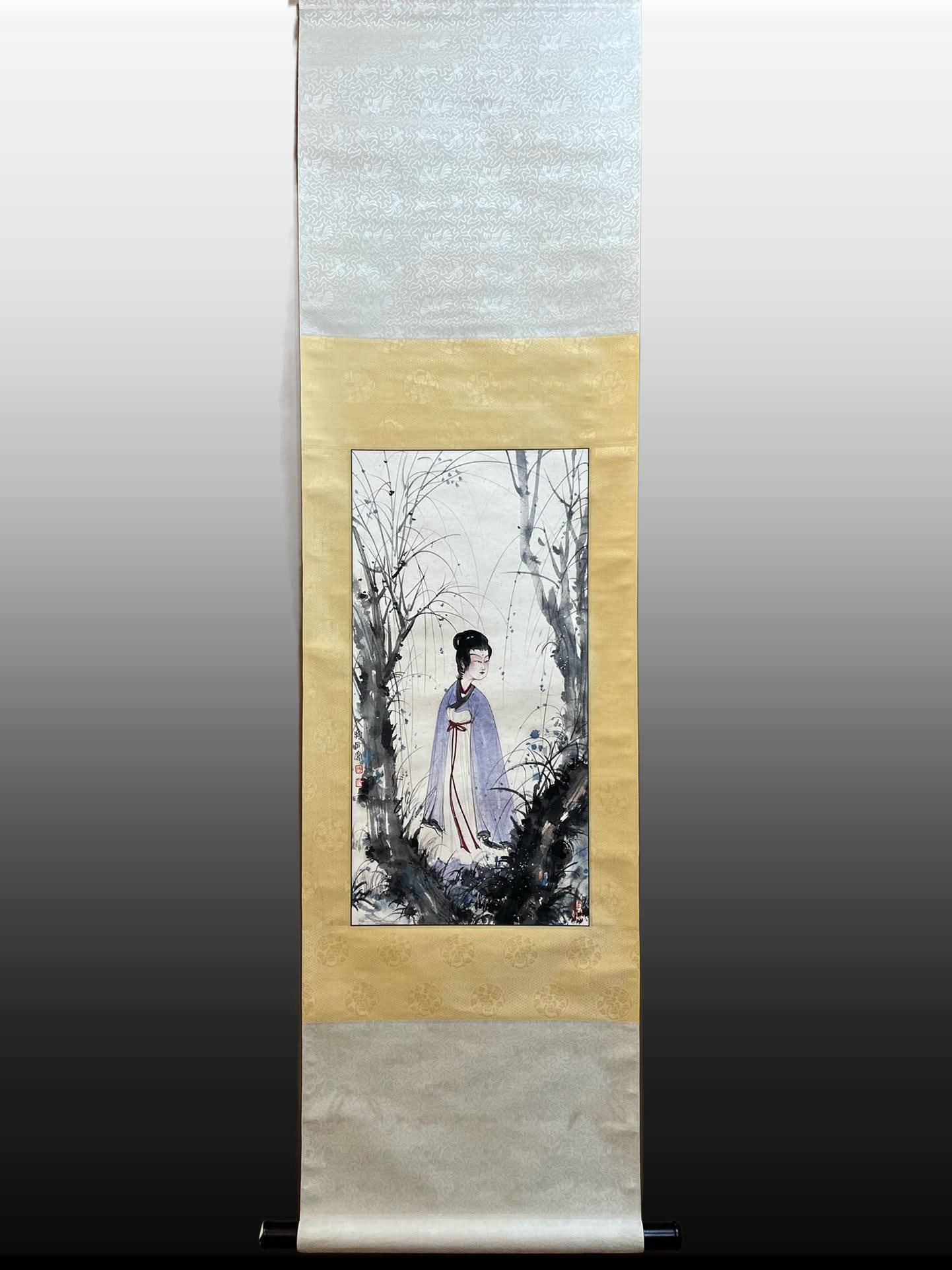 A Chinese Vertical Scroll Ink Figure Painting on Paper: A Chinese Vertical Scroll Ink Figure Painting on Paper,Modern Time of China,Fu Baoshi,without frame size:13.4inx26.8in