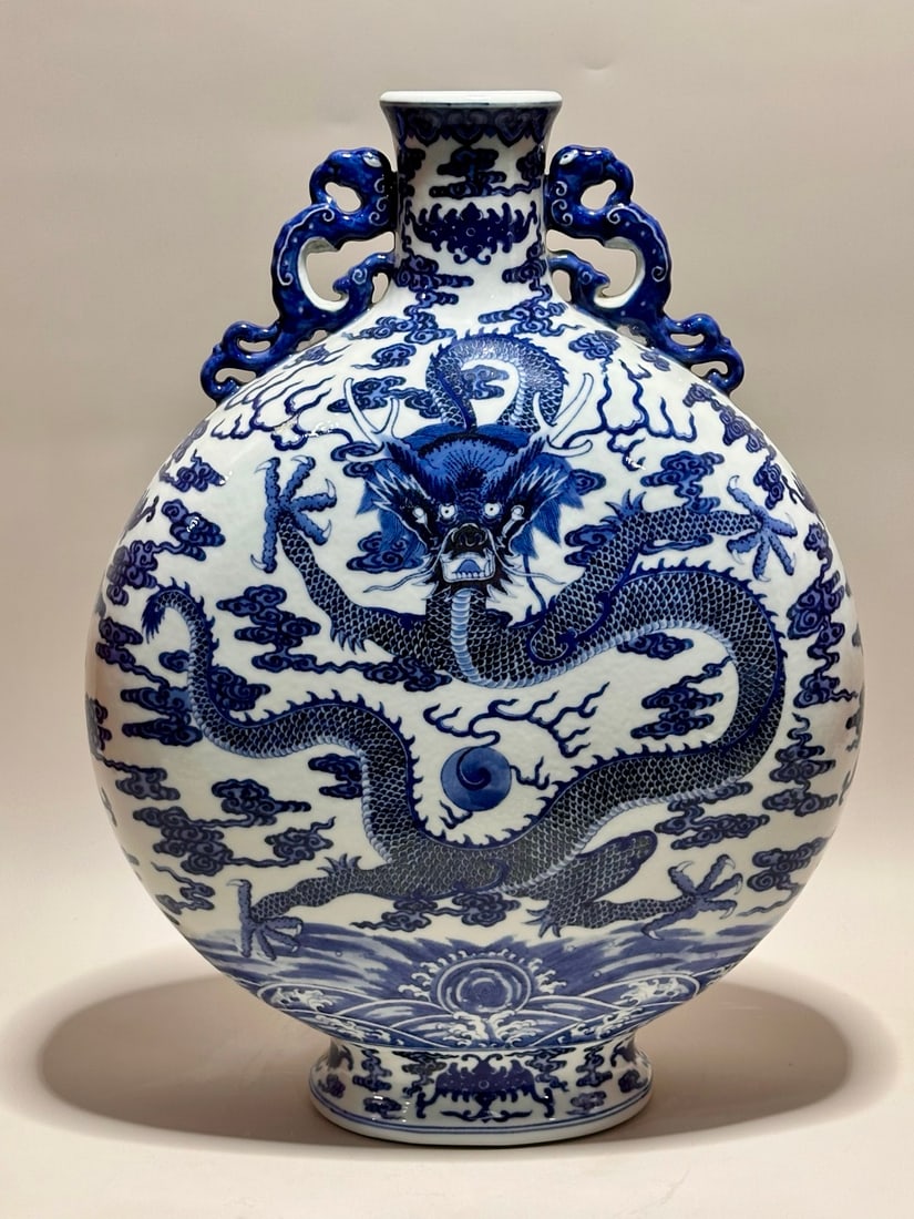A Exquisite Blue and White Dragon Pattern Vase: A Exquisite Blue and White Dragon Pattern Vase,Qing Dynasty, China,Qianlong Six-character Mark,Size:14.8inx2.6inx11.2inx5.2in