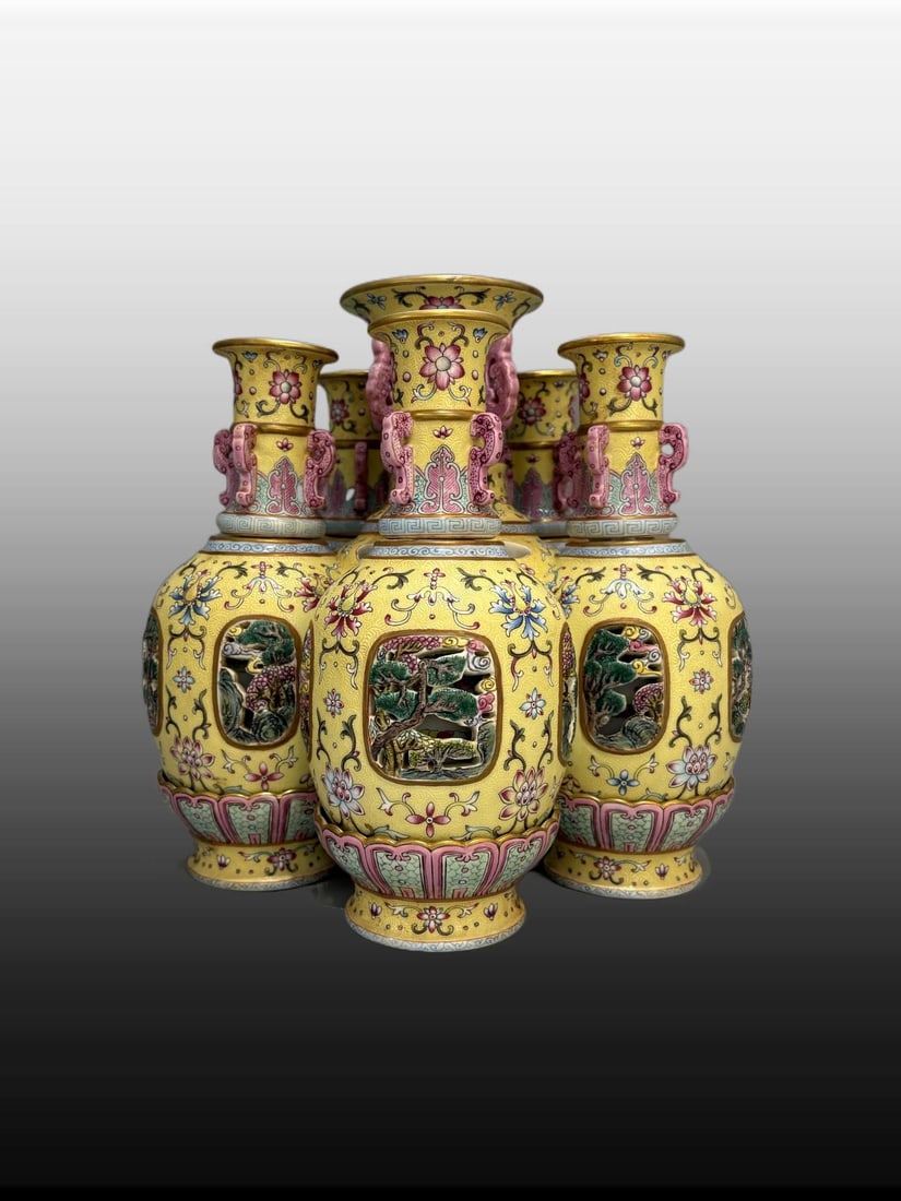 A Exquisite Enamel Yellow Ground Lotus Pattern Vase: A Exquisite Enamel Yellow Ground Lotus Pattern Vase,Qing Dynasty, China,Qianlong Four-character Mark,Size:10.4inx11in