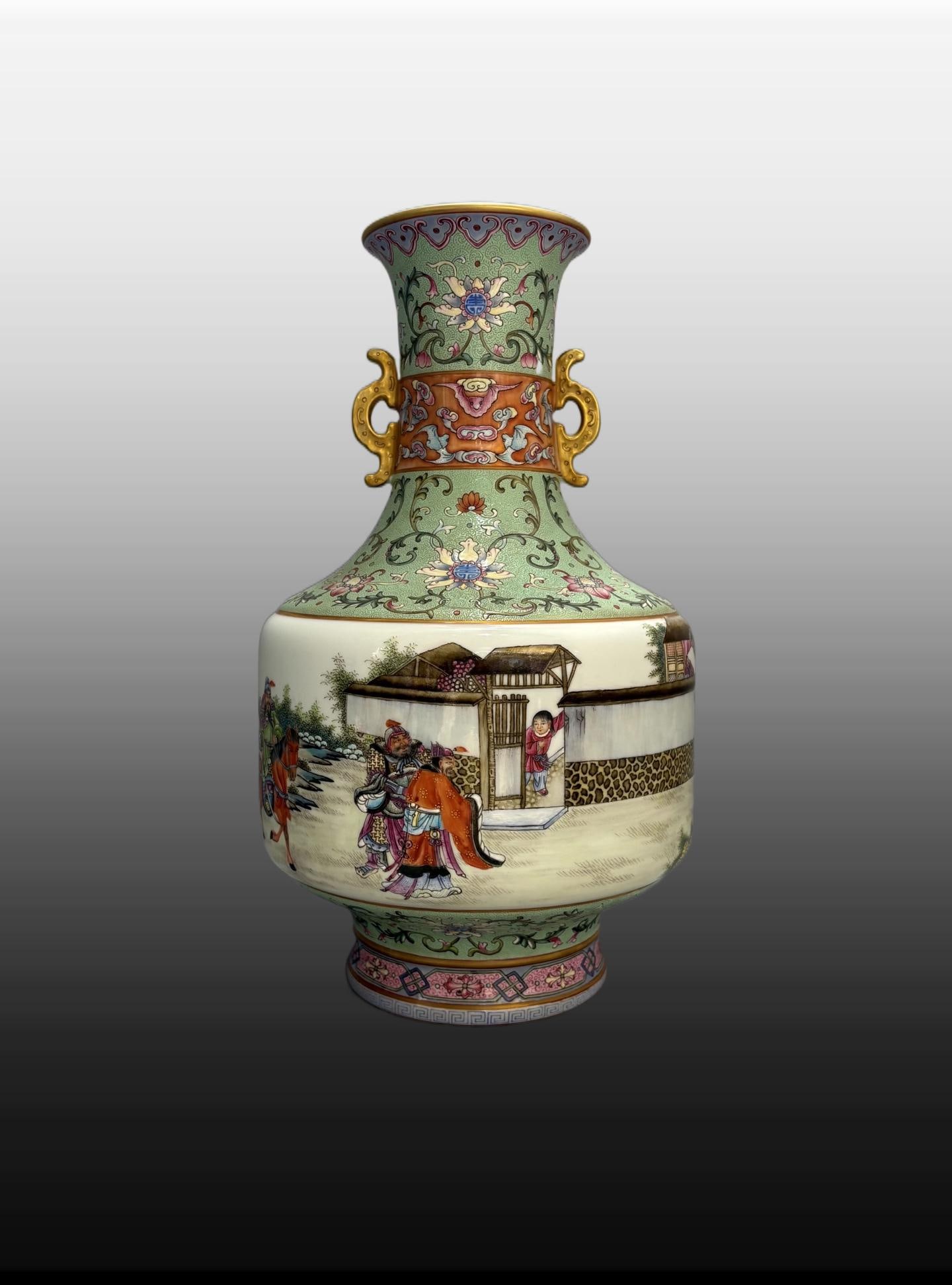 A Exquisite Green Ground Painted Gold Figures Pattern Double-Ears Vase: A Exquisite Green Ground Painted Gold Figures Pattern Double-Ears Vase,Qing Dynasty, China,Qianlong Six-character Mark,Size:14.4inx9.3in 绿地描金人物纹双