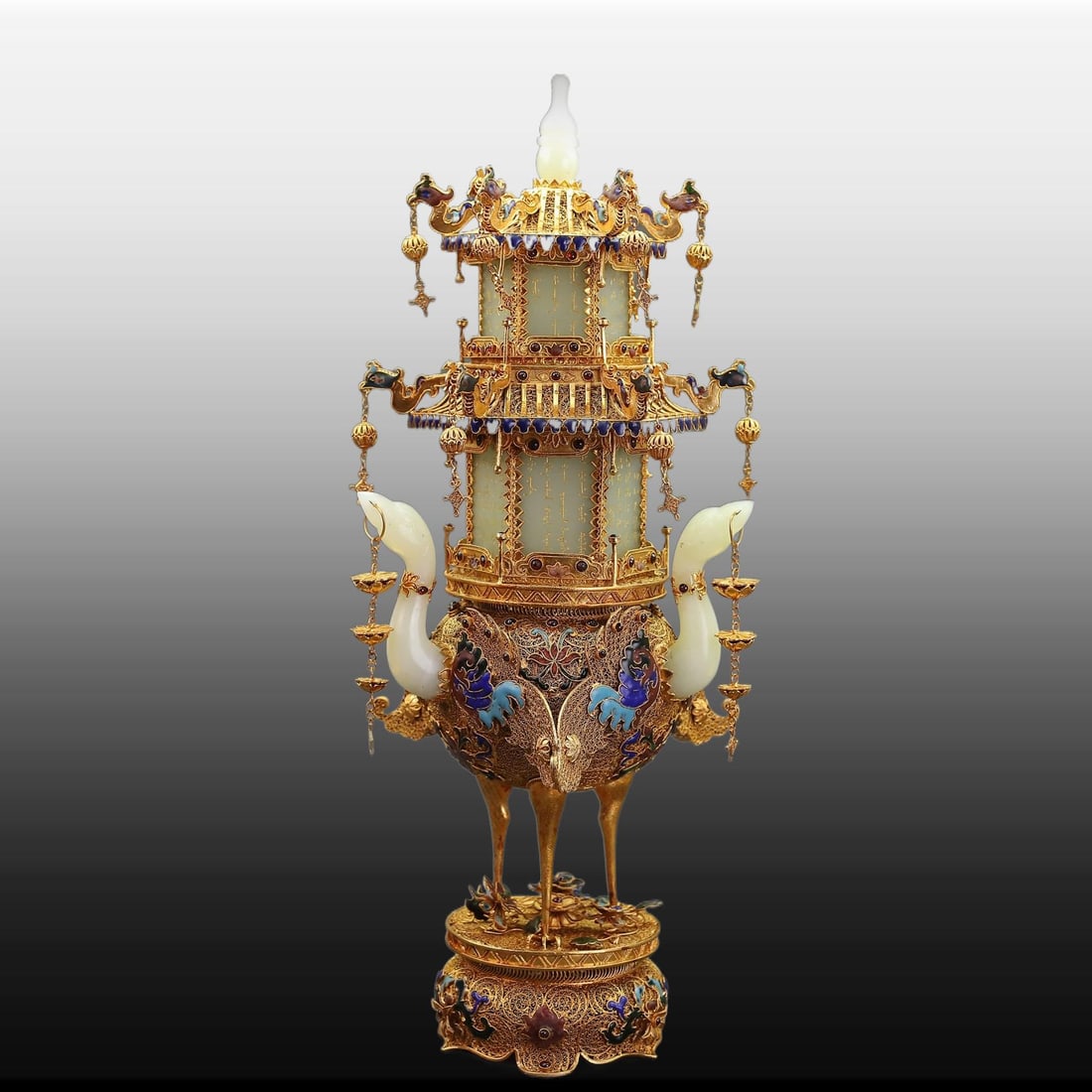 A Exquisite Cloisonne Inlaid Hotan Jade Crane Pagoda: A Exquisite Cloisonne Inlaid Hotan Jade Crane Pagoda,Qing Dynasty, China,Qianlong Four-character Mark,Size:18.9inx8.7in(CranePagoda),22.4inx10.6inx11.2in(Box),Weight:2424g 掐丝镶