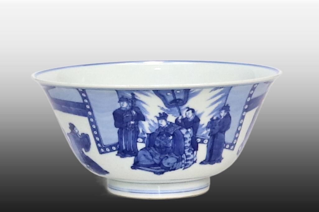 A Exquisite Blue and White Character and Story Pattern Bowl: A Exquisite Blue and White Character and Story Pattern Bowl,Qing Dynasty, China,Kangxi Six-character Mark,Size:3.9inx8.1in 青花人物故事纹碗,中