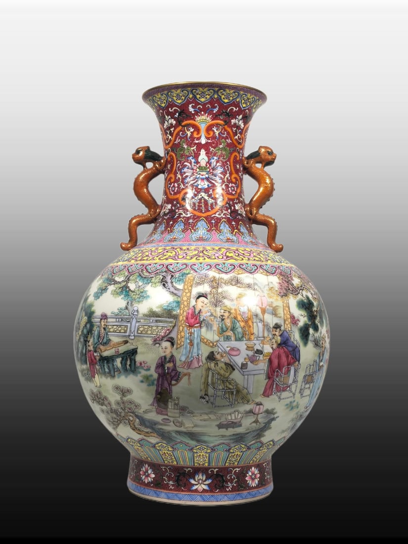 A Exquisite Enamel Figures Pattern Lion-Ears Vase: A Exquisite Enamel Figures Pattern Lion-Ears Vase,Qing Dynasty, China,Qianlong Four-character Mark,Size:18.9inx6.2inx13inx6.7in 珐琅彩人物纹龙耳瓶