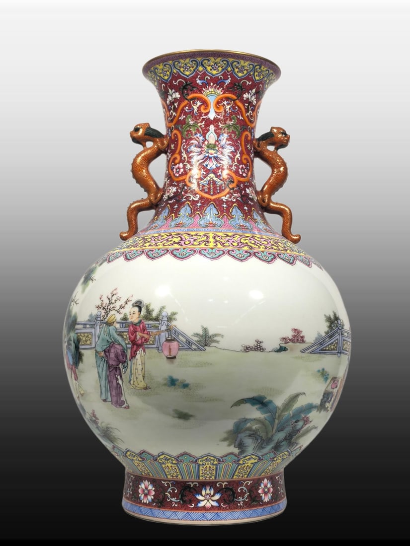 A Exquisite Enamel Figures Pattern Lion-Ears Vase - 5