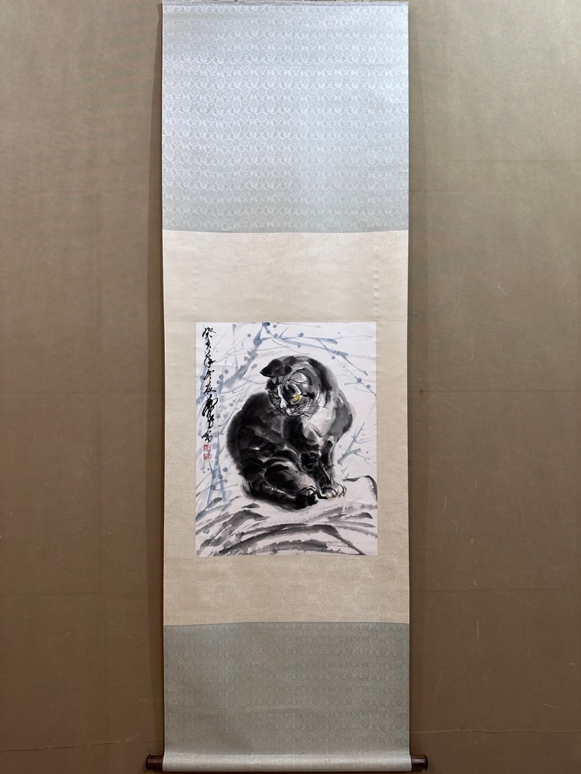 A Chinese Vertical Scroll Ink Cat Painting on Paper (1 of 9)