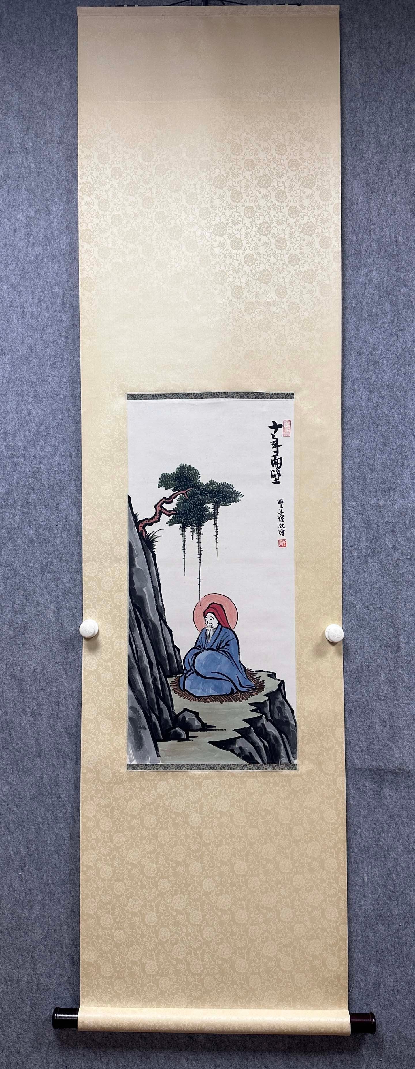 A Chinese Vertical Scroll Ink Painting of Figures on Paper: A Chinese Vertical Scroll Ink Painting of Figures on Paper,Modern Time of China,Feng Zikai,without frame size:12.6inx28in 一幅中国水墨纸本人୰