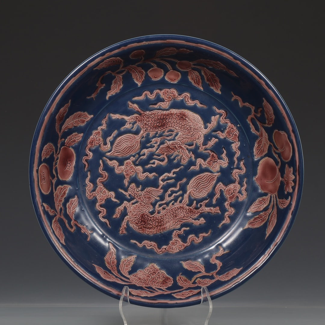 A Exquisite Blue Ground Purple Glazed Kylin Pattern Plate: A Exquisite Blue Ground Purple Glazed Kylin Pattern Plate,Ming Dynasty, China,Hongzhi Six-character Mark,Size:2.2inx9.6in