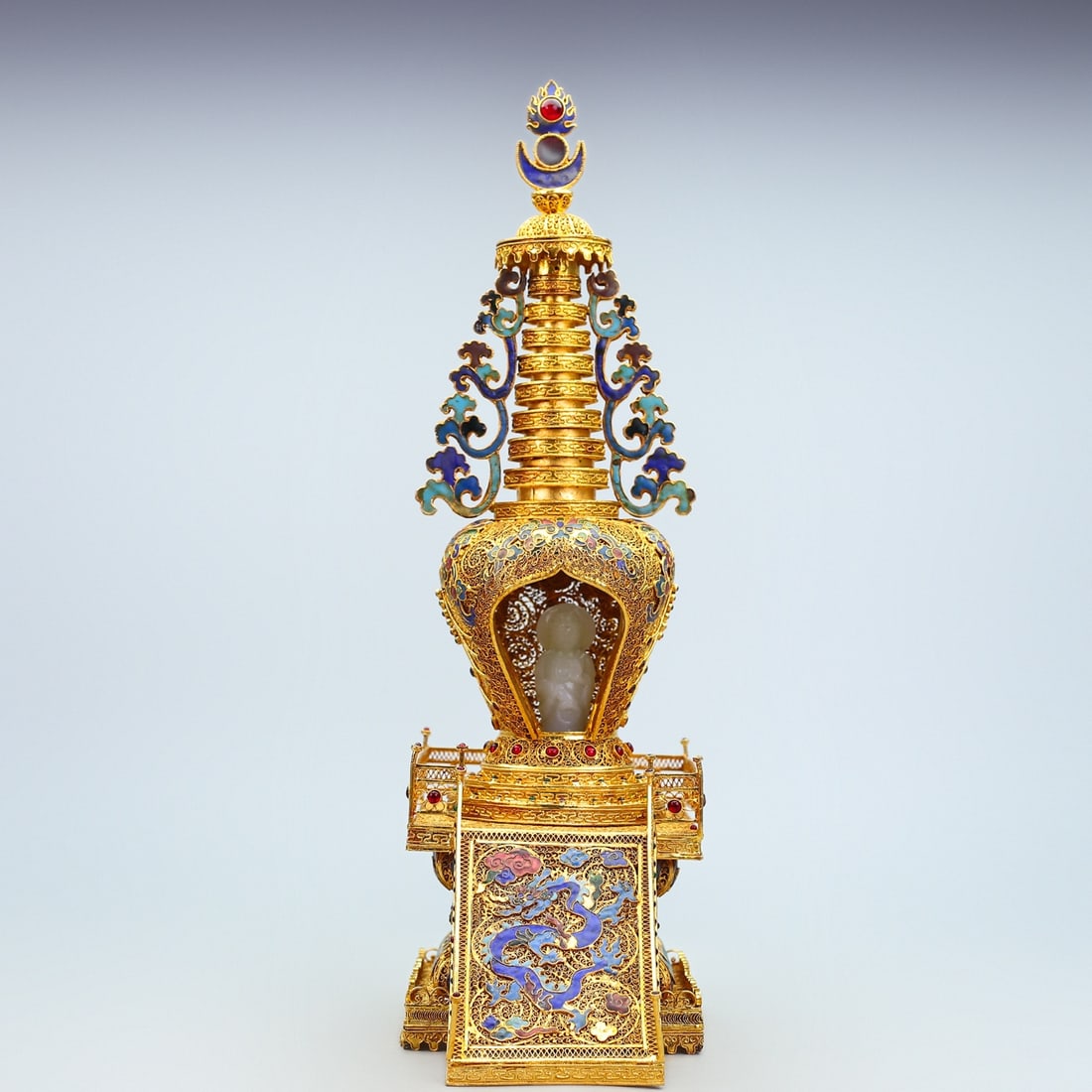 A Exquisite Cloisonne Inlaid Hotan Jade Pagoda: A Exquisite Cloisonne Inlaid Hotan Jade Pagoda,Qing Dynasty, China,Qianlong Four-character Mark,Size:17.3inx8.7inx4.7in(JadePagoda),Weight:1406g