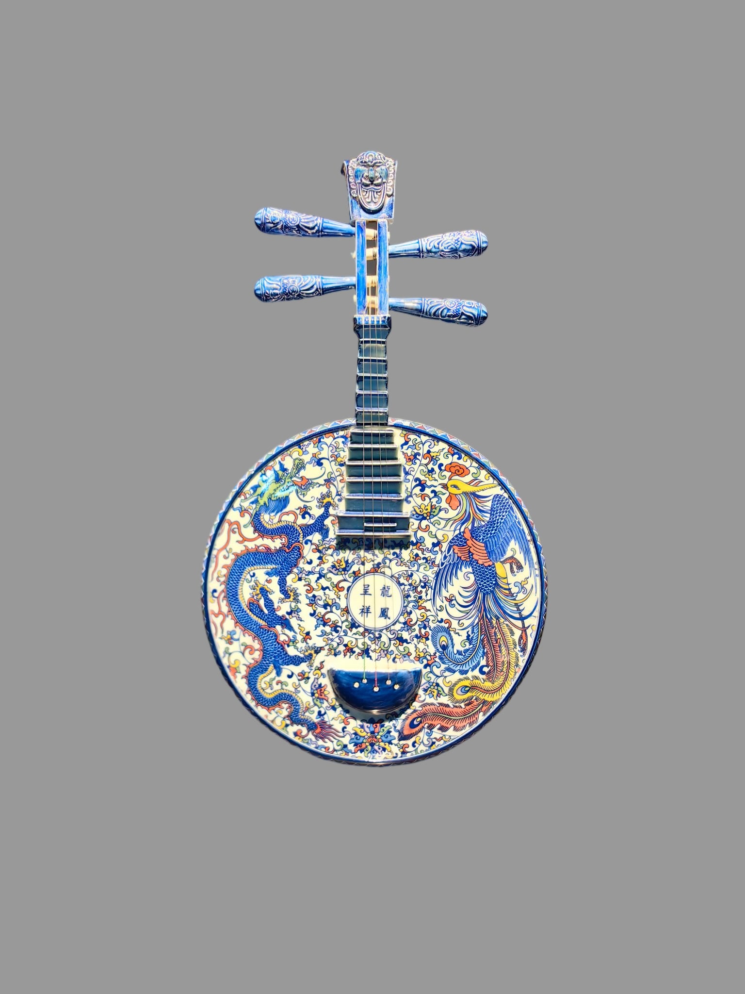 A Exquisite Blue and White Doucai Dragon and Phoenix Pattern Pipa: A Exquisite Blue and White Doucai Dragon and Phoenix Pattern Pipa,Qing Dynasty, China,Size:24inx13.8inx2.4in