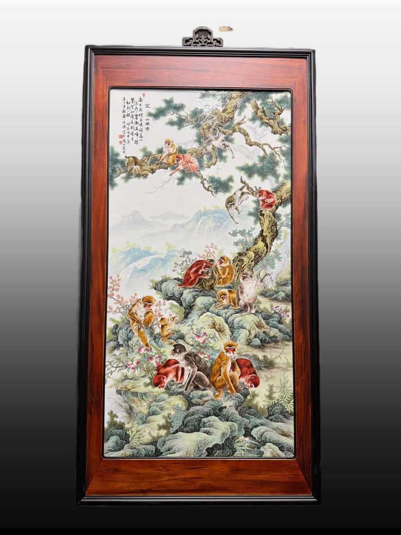 A Exquisite Famille-Rose Monkey Pattern Porcelain Plate: A Exquisite Famille-Rose Monkey Pattern Porcelain Plate,Republic of China,Size:54.1inx28.3in 粉彩猴纹瓷板画,民国