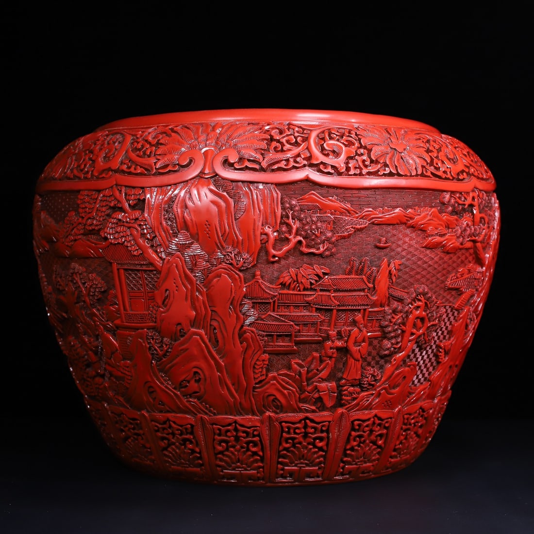 A Exquisite Carved Red Lacquer Landscape and Figures Pattern Vat: A Exquisite Carved Red Lacquer Landscape and Figures Pattern Vat,Qing Dynasty, China,Qianlong Four-character Mark,Size:18.1inx13.4inx18.1in