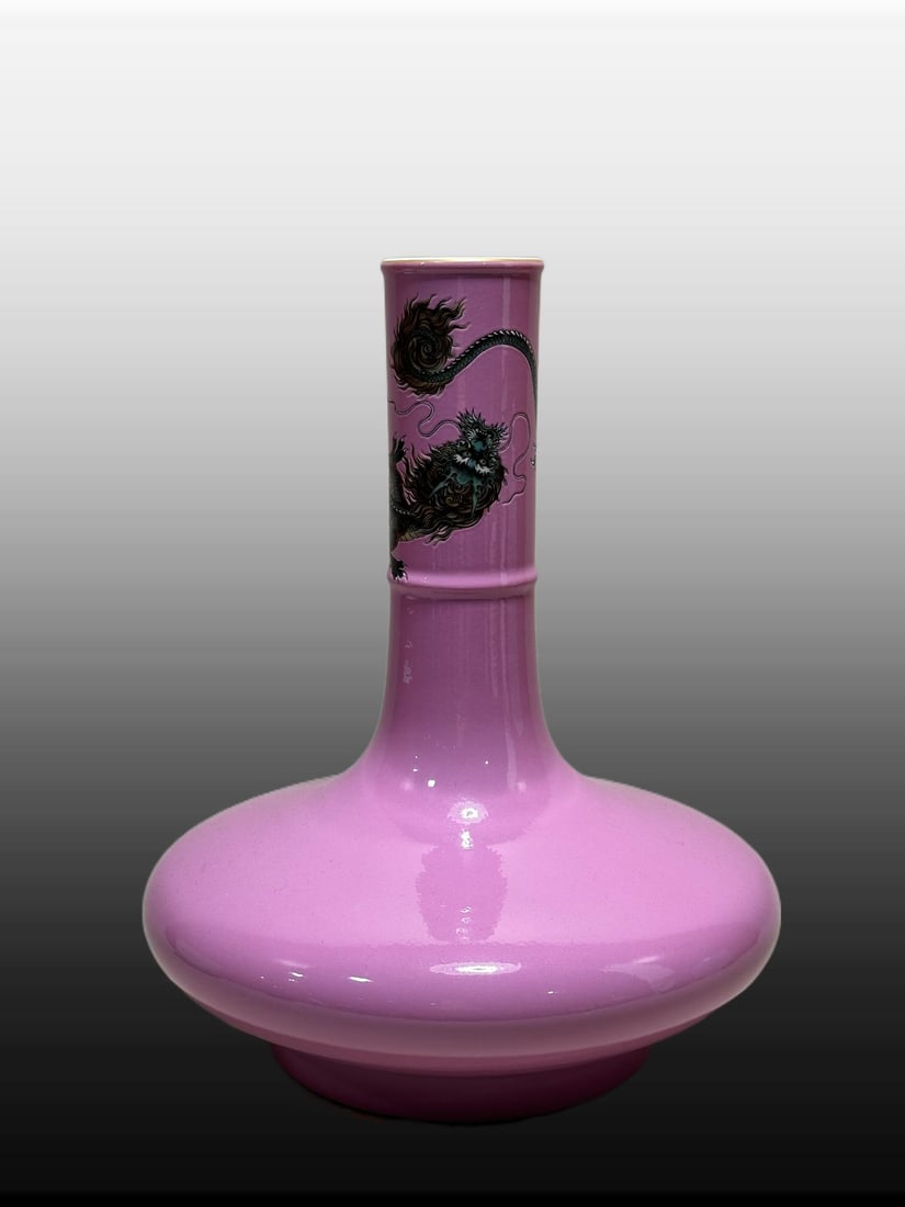 A Exquisite Enamel Aubergine Glaze Dragon Pattern Vase: A Exquisite Enamel Aubergine Glaze Dragon Pattern Vase,Qing Dynasty, China,Yongzheng Six-character Mark,Size:10.8inx2.1inx8.7inx5.3in