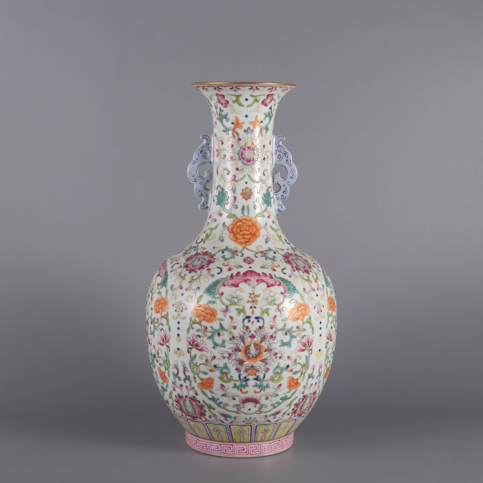 A Exquisite Famille-Rose Lotus Pattern Double-Ears Vase: A Exquisite Famille-Rose Lotus Pattern Double-Ears Vase,Qing Dynasty, China,Qianlong Six-character Mark,Size:13inx6.5inx3.6in