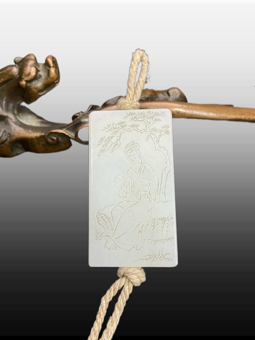 A Exquisite Hotan Jade Character and Story Pattern Pendant: A Exquisite Hotan Jade Character and Story Pattern Pendant,Ming Dynasty, China,Size:1.7inx1inx0.4in,Weight:36g 和田玉人物故事纹吊坠,中