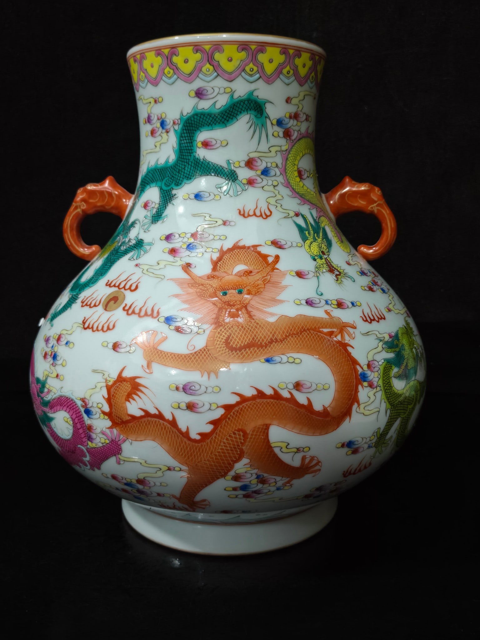 A Exquisite Famille-Rose Painted Gold Dragon Pattern Double-Ears Vase: A Exquisite Famille-Rose Painted Gold Dragon Pattern Double-Ears Vase,Qing Dynasty, China,Qianlong Six-character Mark,Size:10.6inx8.7inx3.9in 粉彩描金龙纹双&#