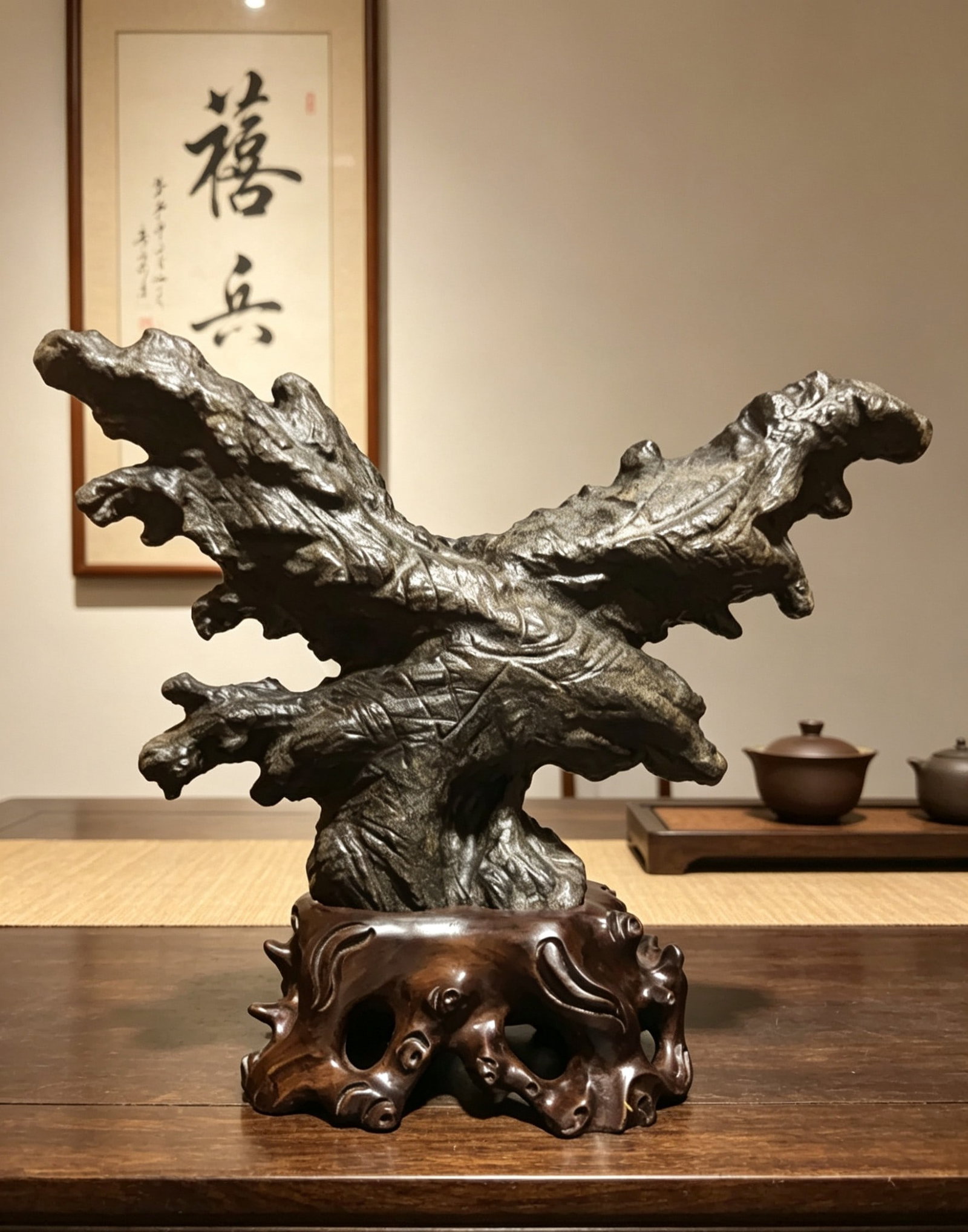 A Exquisite Lingbi Stone Eagle Ornament: A Exquisite Lingbi Stone Eagle Ornament,Qing Dynasty, China,Size:15inx3.5inx12.2in,Weight:6300g 灵璧石鹰摆件,中国清代