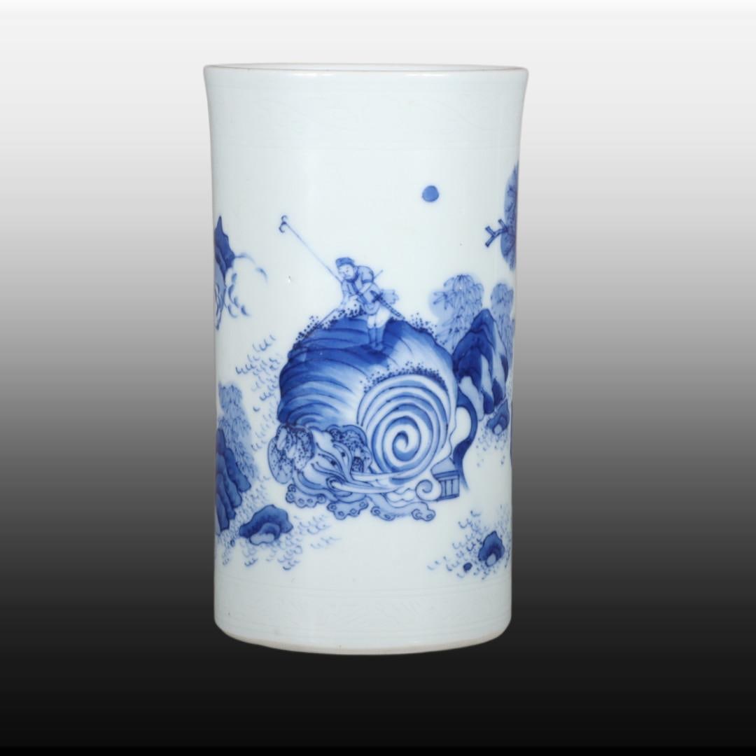 A Exquisite Blue and White Character and Story Pattern Brush Pot: A Exquisite Blue and White Character and Story Pattern Brush Pot,Qing Dynasty, China,Size:6.7inx3.9inx3.4in