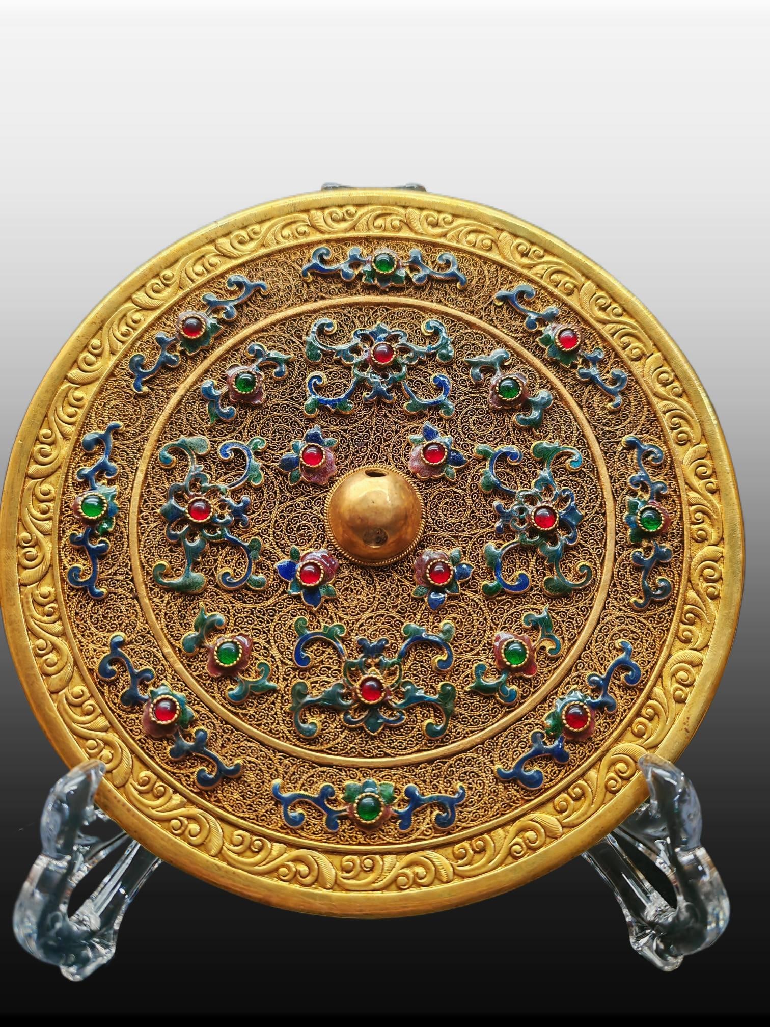 A Exquisite Filigree Gilt Inlaid Gems Mirror: A Exquisite Filigree Gilt Inlaid Gems Mirror,Qing Dynasty, China,Size:7.1inx0.2in 花丝鎏金镶嵌宝石铜镜,中国清代