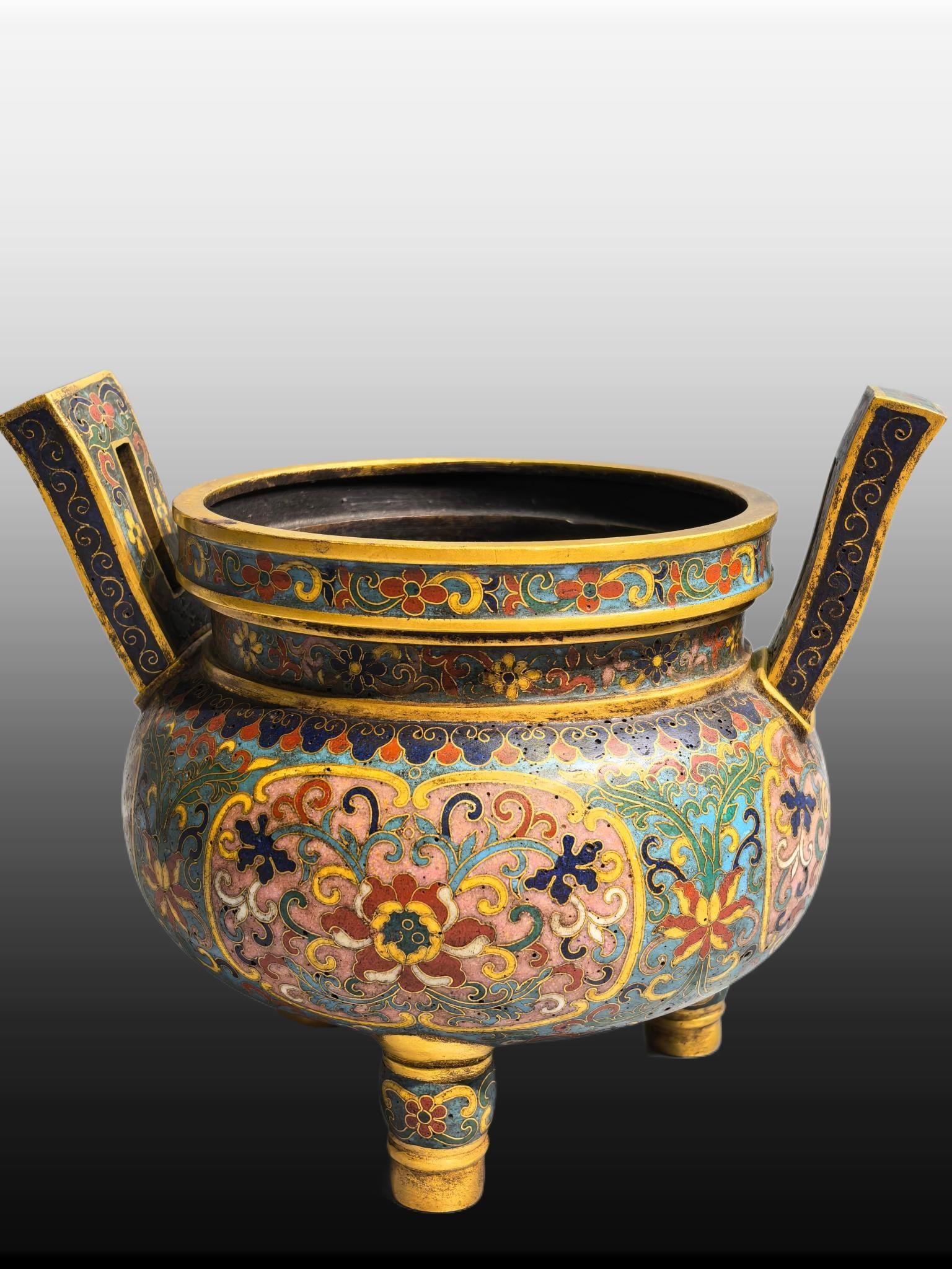 A Exquisite Cloisonne Lotus Pattern Double-Ears Censer: A Exquisite Cloisonne Lotus Pattern Double-Ears Censer,Qing Dynasty, China,With Mark,Size:5.9inx4.7inx5.9in,Weight:752g
