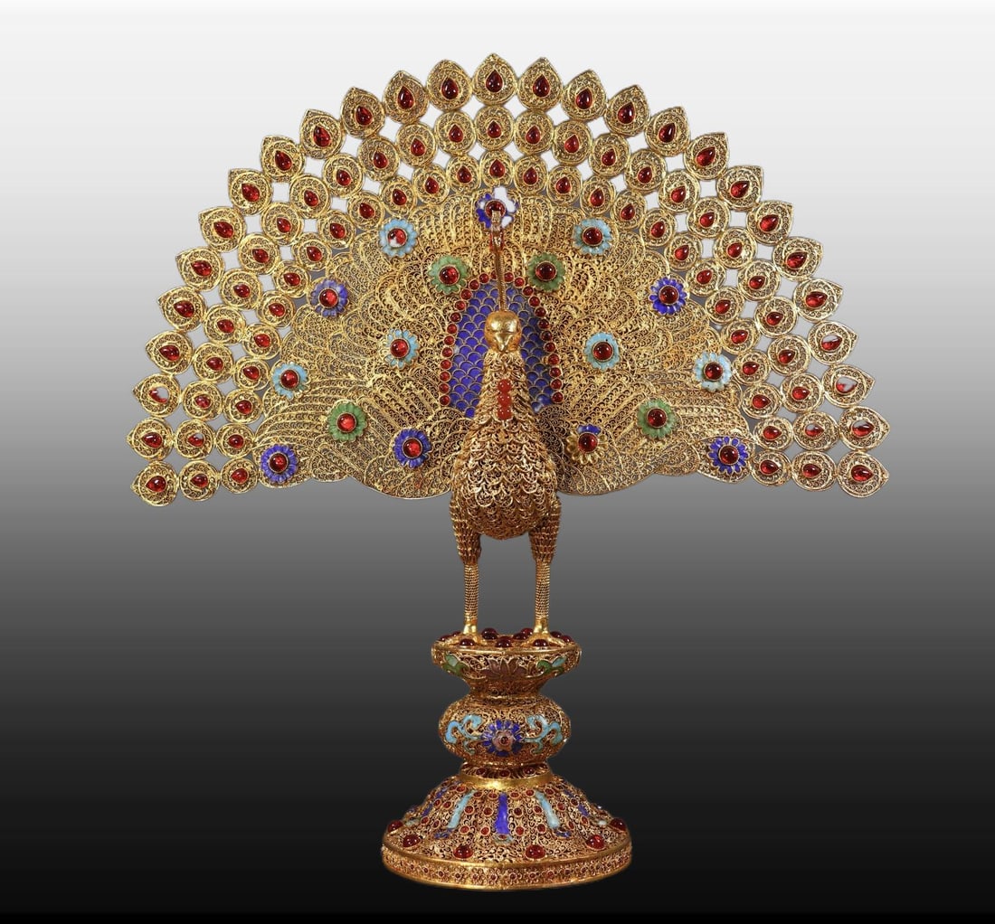 A Exquisite Filigree Gilt Inlaid Gems Peacock Ornament: A Exquisite Filigree Gilt Inlaid Gems Peacock Ornament,Qing Dynasty, China,Qianlong Four-character Mark,Size:15.2inx14inx4.5in,Weight:1171g