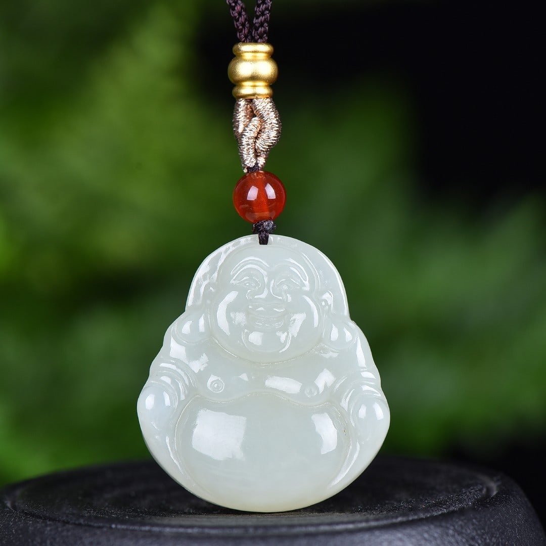 A Exquisite Hotan Jade Statue of Maitreya Buddha Pendant: A Exquisite Hotan Jade Statue of Maitreya Buddha Pendant,Size:1.1inx1.3in 和田玉弥勒佛吊坠