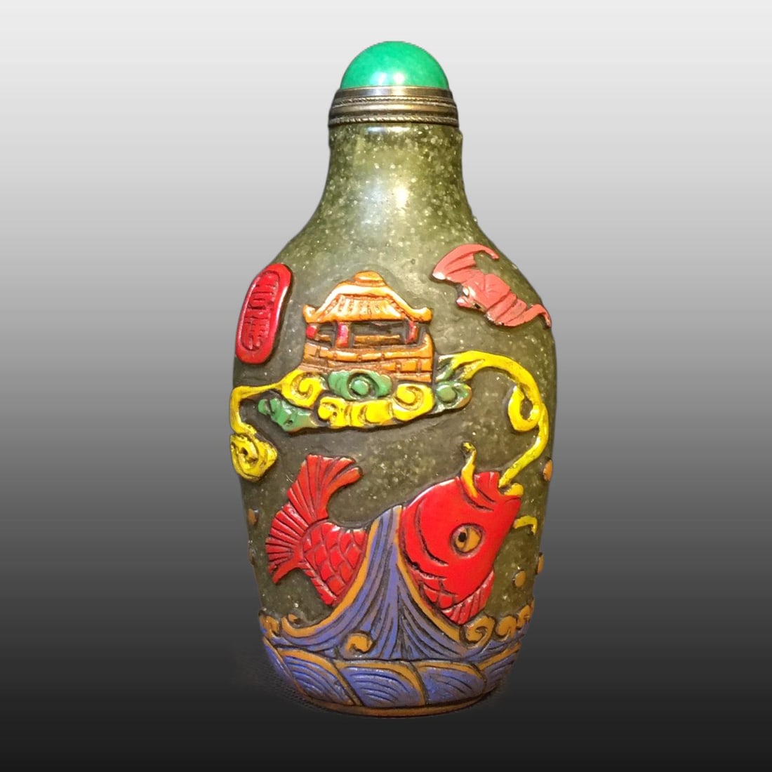 A Exquisite Colored glaze Fish Pattern Snuff Bottle: A Exquisite Colored glaze Fish Pattern Snuff Bottle,Qing Dynasty, China,Size:2inx1.2in ,Weight:90g 琉璃鱼纹鼻烟壶,中国清代