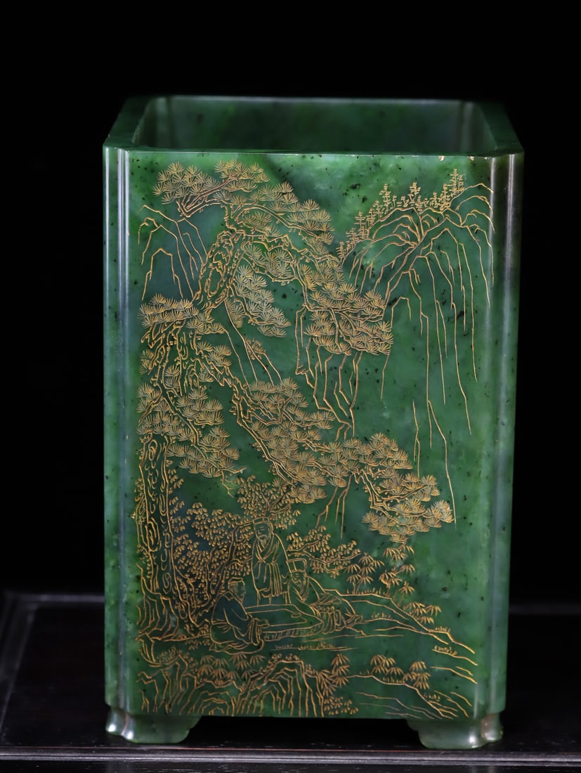 A Exquisite Hotan Jasper Landscape Pattern Brush Pot
