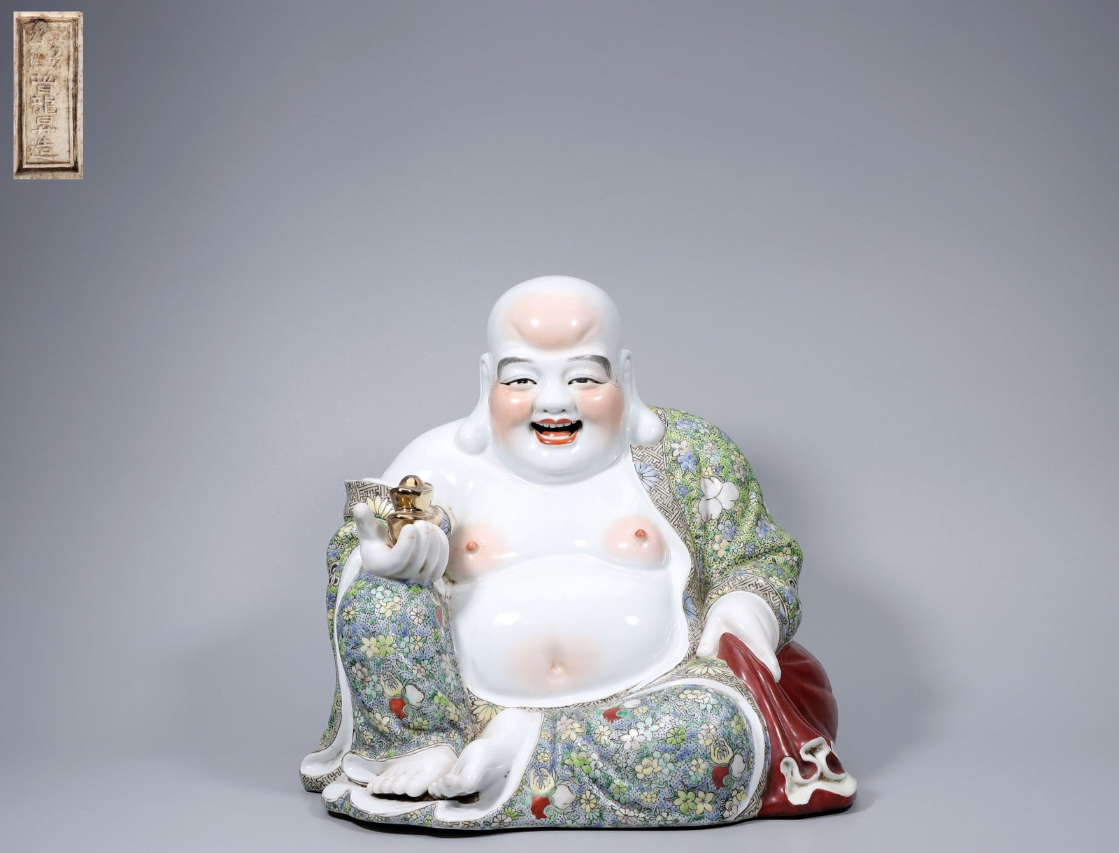 A Exquisite Tri-Color Glazed Statue of Maitreya Buddha Ornament: A Exquisite Tri-Color Glazed Statue of Maitreya Buddha Ornament,Republic of China,With Mark,Size:12.8inx13inx9.4in,Weight:5999g