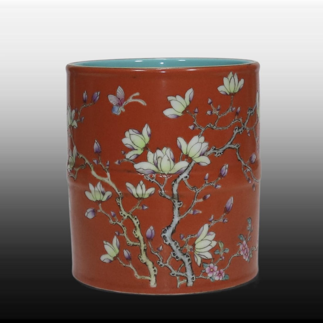 A Exquisite Coral Red Glazed Ground Flower Pattern Brush Pot (1 of 9)