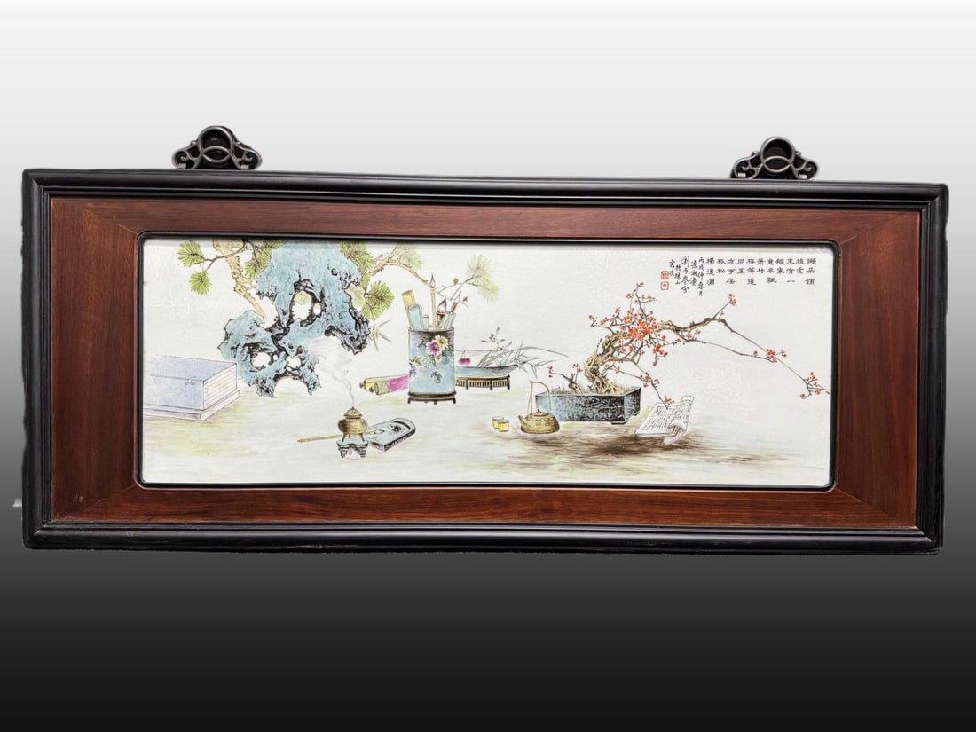 A Exquisite Famille-Rose Antique Pattern Porcelain Plate: A Exquisite Famille-Rose Antique Pattern Porcelain Plate,Republic of China,Size:15.7inx38.6in 粉彩博古纹瓷板画,民国