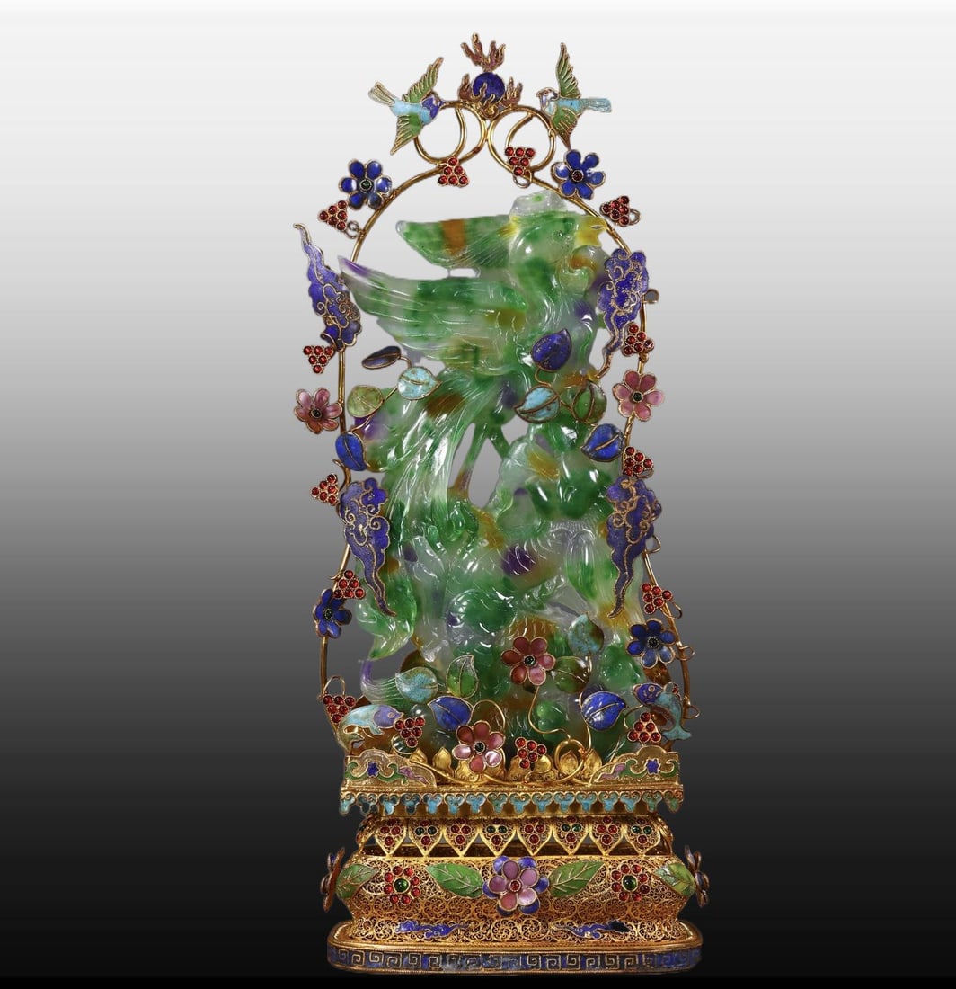 A Exquisite Filigree Gilt Inlaid Jadeite Phoenix Bird Ornament: A Exquisite Filigree Gilt Inlaid Jadeite Phoenix Bird Ornament,Qing Dynasty, China,Qianlong Four-character Mark,Size:17.5inx7.1inx3.1in,Weight:1685g