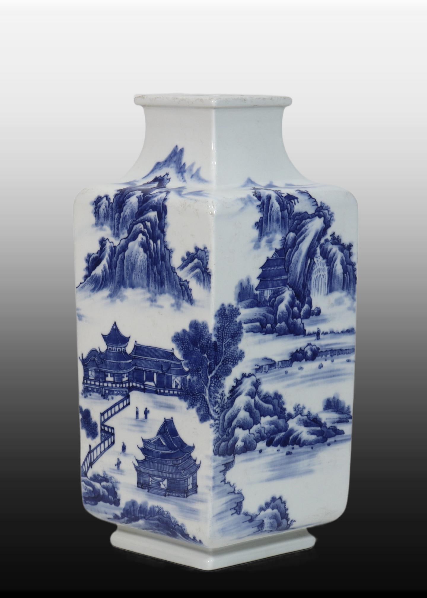 A Exquisite Blue and White Landscape Pattern Vase: A Exquisite Blue and White Landscape Pattern Vase,Qing Dynasty, China,Yongzheng Six-character Mark,Size:12.6inx5.7in 青花山水纹瓶,中国清代,&